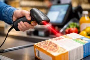 1D laser barcode scanner at retail checkout in Dubai