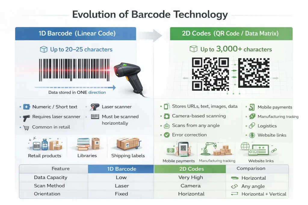 1D barcode vs 2D QR code data capacity comparison infographic