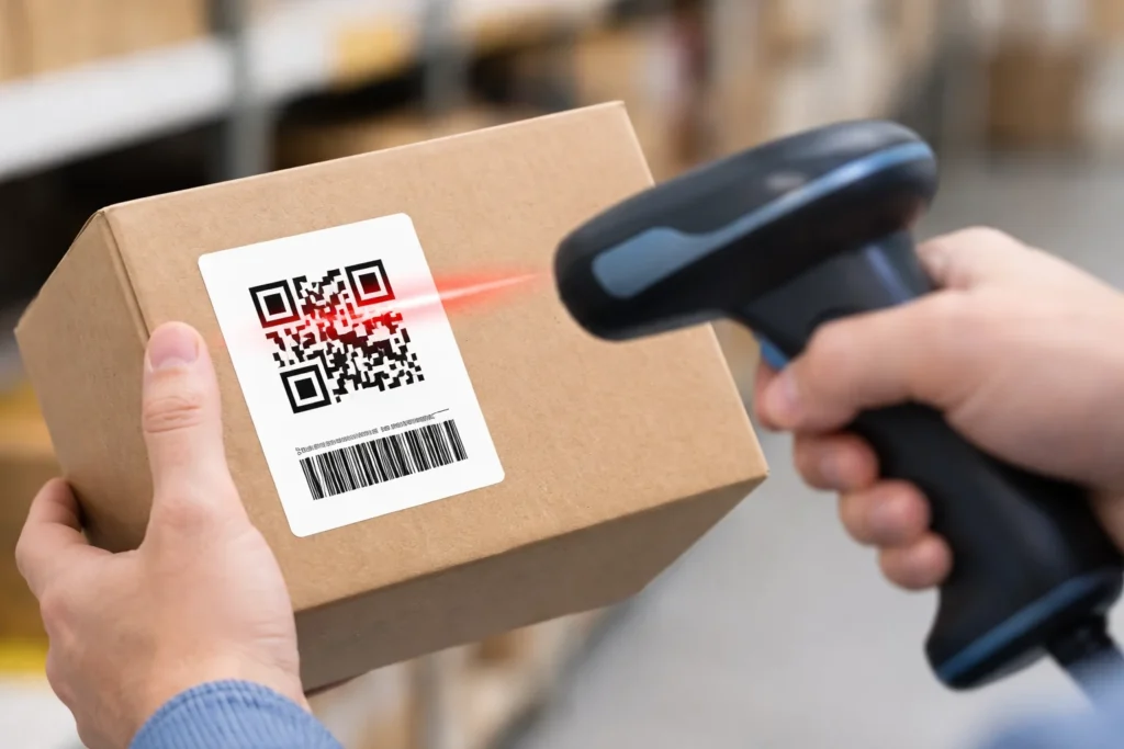 person using a 2D barcode scanner to scan a product in a retail store UAE