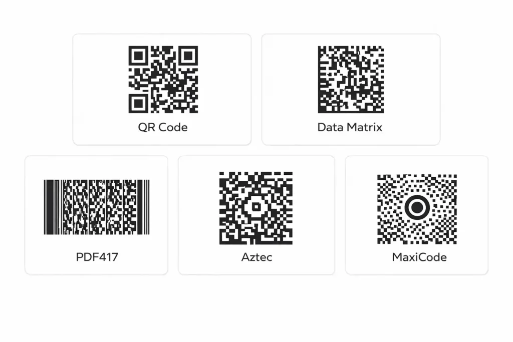 types of 2D barcodes QR code Data Matrix PDF417 Aztec MaxiCode comparison chart