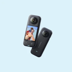 Two Insta360 X3 cameras positioned diagonally, highlighting the front touchscreen and rear dual-lens design