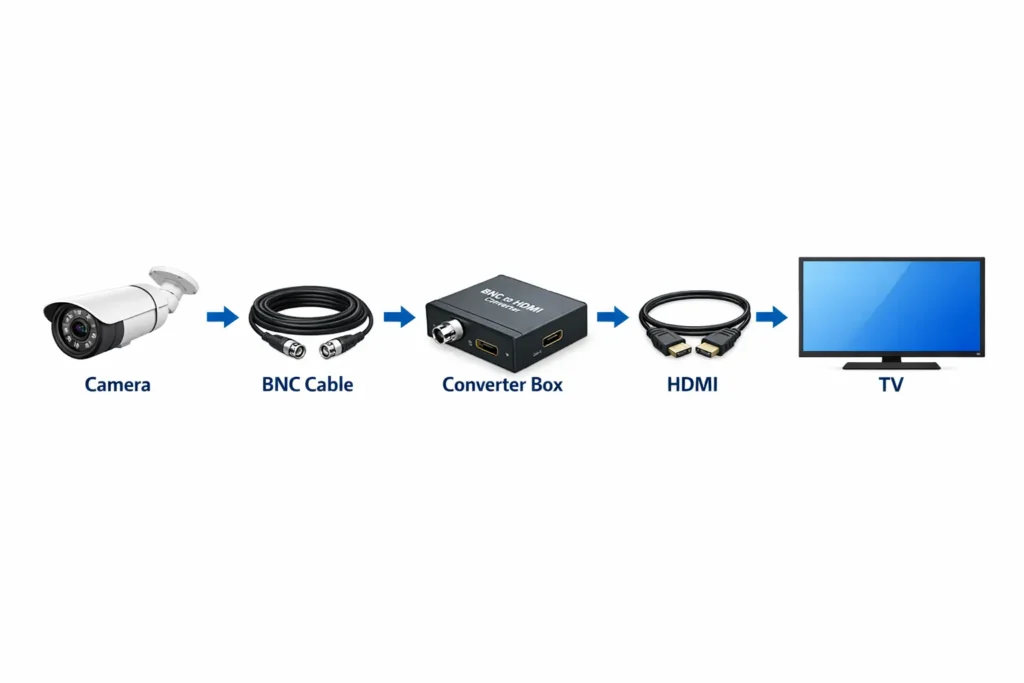 Technical wiring diagram showing how to connect an analog CCTV camera to a smart TV using a BNC to HDMI converter.
