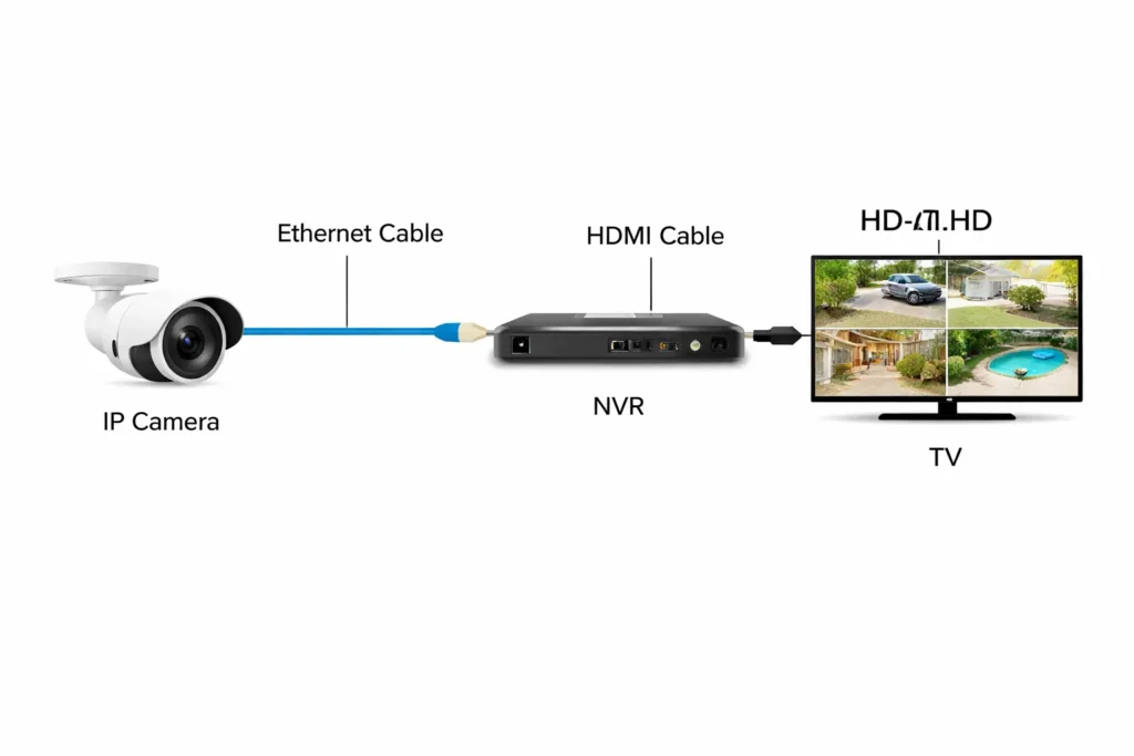 IP PoE camera connected to NVR and TV via HDMI cable — wiring diagram