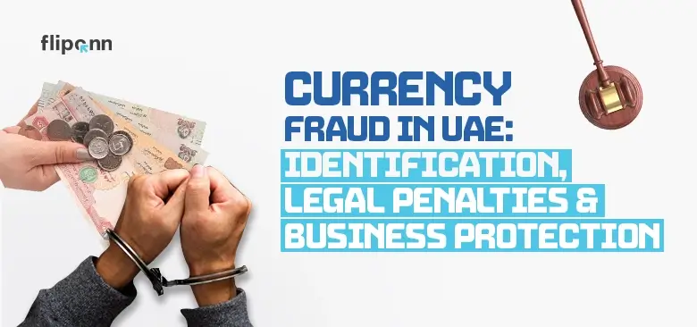 Handcuffed person receiving counterfeit UAE currency with gavel symbolizing legal penalties for currency fraud in UAE